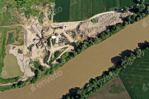 Preview: Aerial view of river sand and gravel exploitation, pit, quarry, ballast