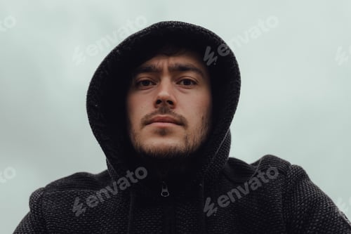 Preview: Man in hoodie against gray sky