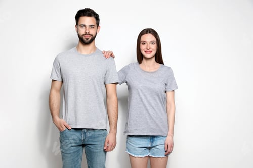 Preview: Young people in t-shirts on light background. Mock up for design