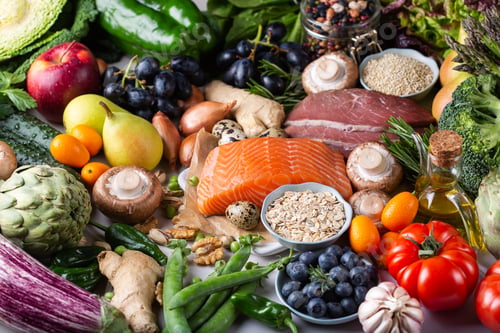 Vista previa: Assortment of healthy food for clean eating flexitarian mediterranean diet