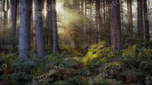 Preview: Beautiful view of tall trees in the forest at sunrise