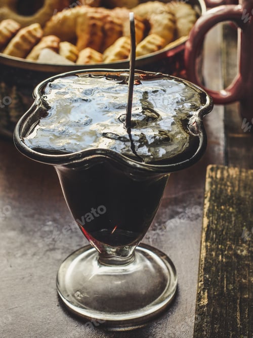 Preview: Jam In The Transparent Glass On The Table, Cookies And Beverages