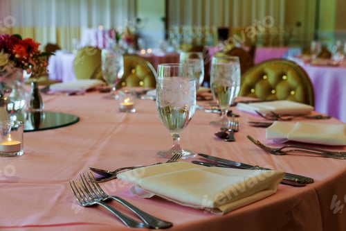 Preview: catering table set service with dish silverware and stemware glass at restaurant before party