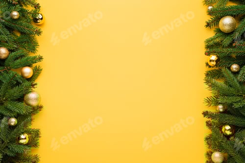 Preview: Merry Christmas yellow background with fir tree border and decoration