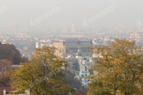 Preview: city at sunset in the fog. Kiev, Ukraine.
