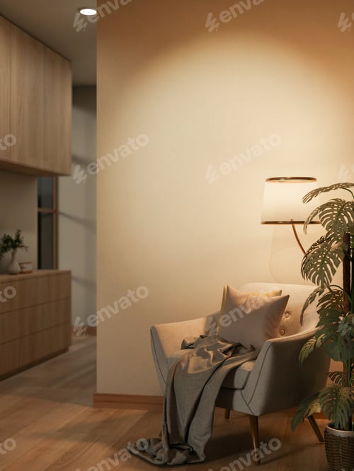 Preview: Sofa chair with cushion and blanket under lamp light and pot plant on wooden floor in dim corridor.