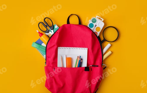 Preview: Back to school, backpack with school supplies and stationery on yellow background