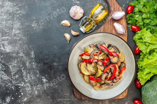 Preview: top view cooked vegetable meal delicious dish with greens on light-grey background salad color