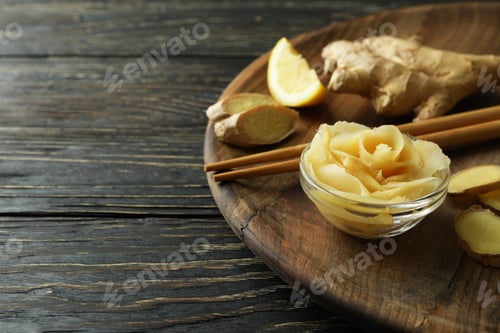 Preview: Tray with pickled ginger, chopsticks and ginger on wooden table
