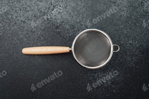 Preview: Stainless steel kitchen strainer with wooden handle on black surface
