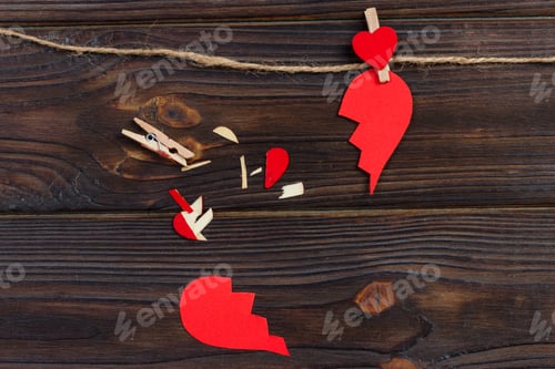 Preview: Broken heart breakup collection and divorce icon. Red paper shaped as a torn love