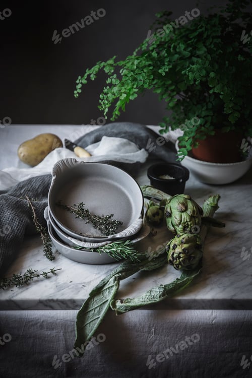 Preview: Different herbs in bowls placed on rustic table
