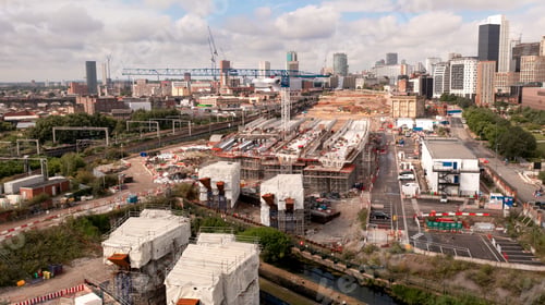 Preview: Aerial view of a Birmingham cityscape skyline and HS2 construction site at Curzon Street