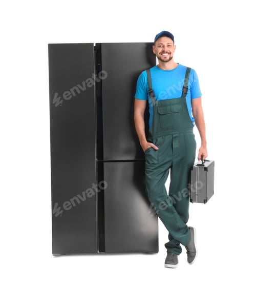 Preview: Male technician with tool box near refrigerator on white background