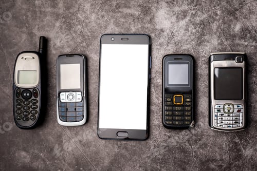 Preview: Many obsoleted cellphones and a smartphone on a grunge background.