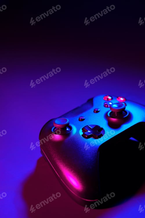 Preview: Gaming joystick on black background in neon light