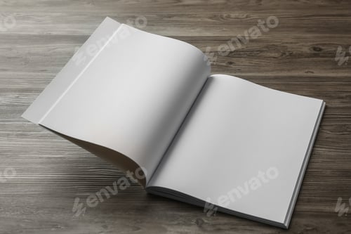 Aperçu: Open blank paper brochure on wooden table. Mockup for design