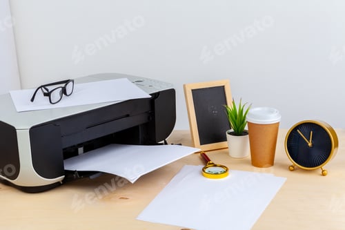 Preview: Office printer close up on a wooden table