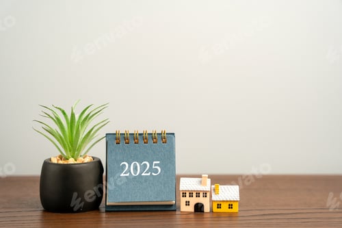 Preview: Calendar 2025, houses and succulent on a table