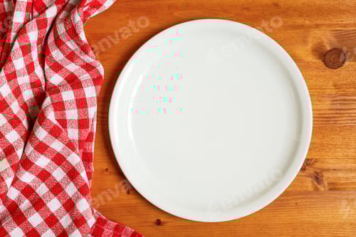 Preview: Dinner plate on kitchen table, flat lay top view