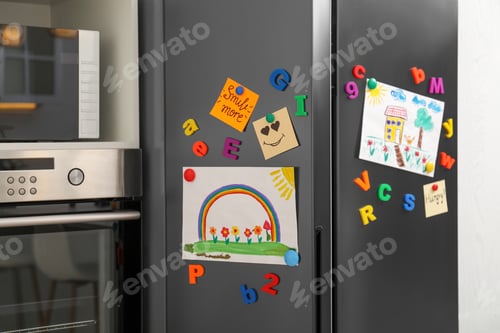 Preview: Modern refrigerator with child's drawings, notes and magnets in kitchen