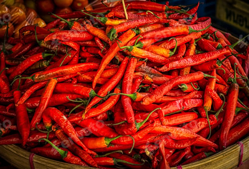 Preview: Closeup of dry red hot spicy chili peppers lying on each other in a big bowl