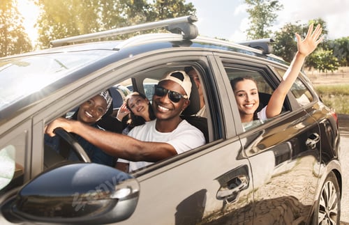 Preview: Happy smiling people sharing car ride, multicultural friends travelling