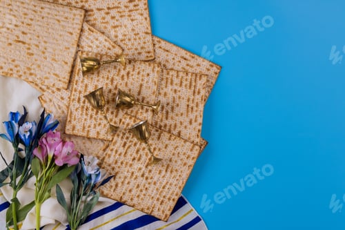 Preview: Jewish pesach attributes in composition a four cup of wine and passover matzah