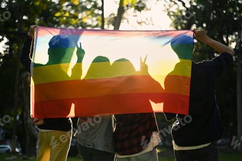 Preview: Group of young activist with pride rainbow flag on foreground, supporting LGBTQ pride.