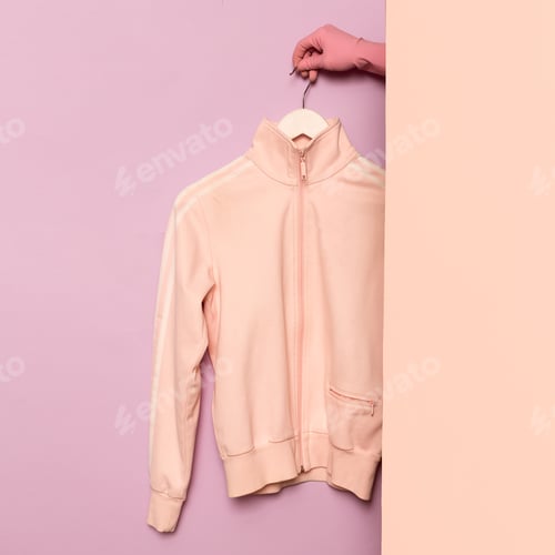 Preview: Stylish sportswear. Minimal fashion. Pink jacket on a hanger. Wa
