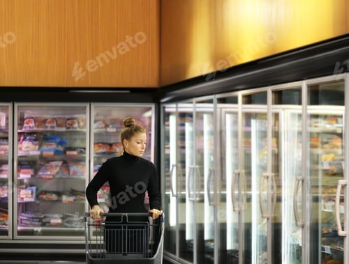 Preview: Woman Choosing Frozen Food From A Supermarket Freezer. Purchasing A Packet Of Meat At The