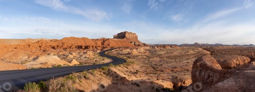Preview: Scenic Road in Red Rock Mountains in the Desert at Colorful Sunrise.