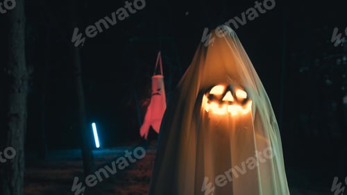 Preview: Ghost with Halloween Pumpkin Walk In The Night Forest