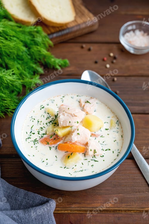 Preview: Salmon soup with cream, potatoes, carrots and herbs in a bowl. Lohikeitto soup. Copy space.