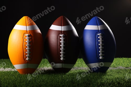 Preview: American football balls, rugby balls, different colours on grass and black backgrounds