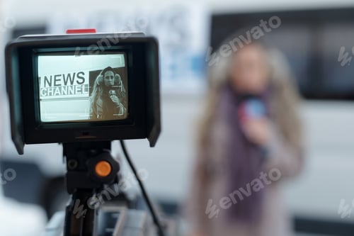 Preview: Journalist on screen of video camera