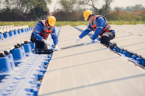 Preview: Photovoltaic engineers work on floating photovoltaics. Inspect and repair the solar panel equipment