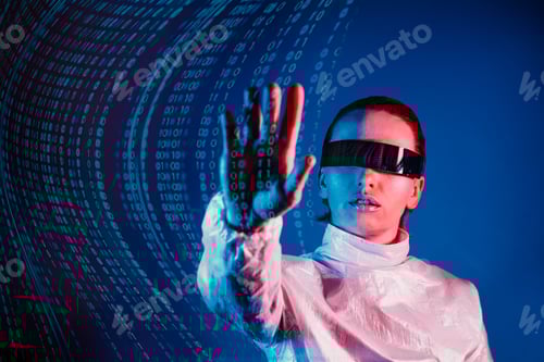 Preview: Woman dressed in holographic clothes and futuristic eyeglasses with reflection of matrix code