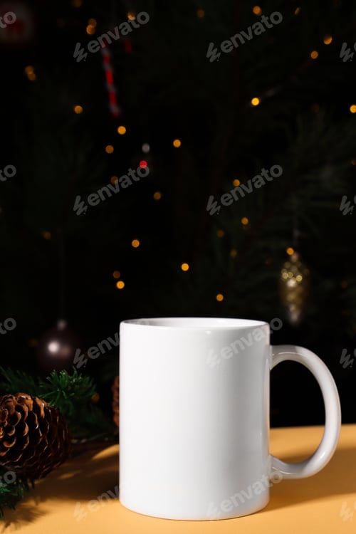Preview: White ceramic mug close-up on a festive New Year's background with defocus lights.