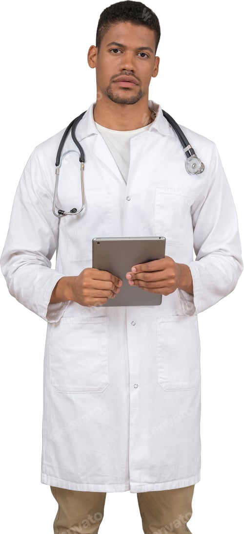 Preview: Male Doctor Holding Tablet Device in Lab Coat