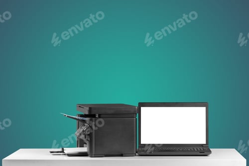 Preview: Printer and computer. Office table