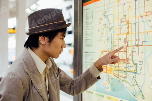 Preview: Young man looking at train map at train station