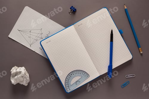 Preview: Open notepad and school stationary supplies at paper table background. Back to school flat lay