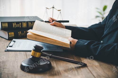Preview: Lawyers reading the law Law theme, mallet of the judge, law enforcement officers