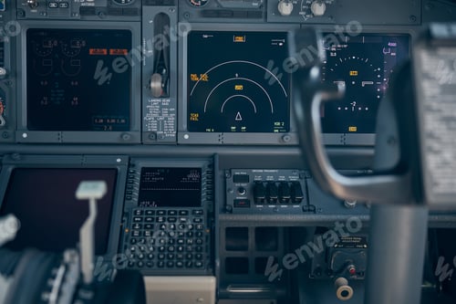 Preview: Aircraft flight deck with switches and flight displays