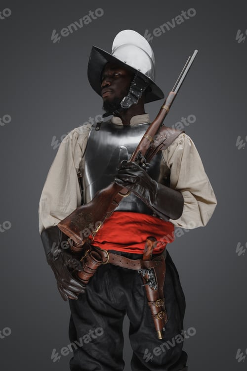 Preview: Medieval soldier with steel armor and flintlock musket