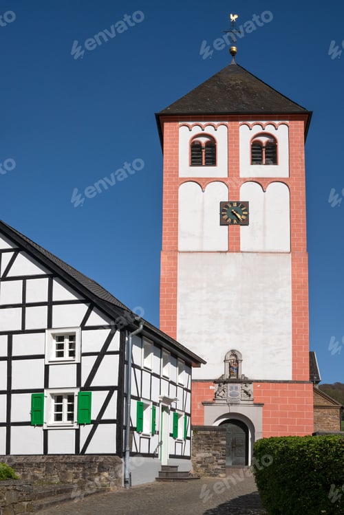 Preview: Outdoor view of the Center of village Odenthal with the old church in Bergisches Land, Germany