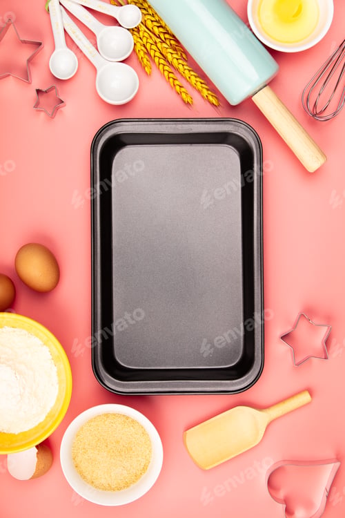 Preview: Baking or cooking ingredients on pink background, flat lay