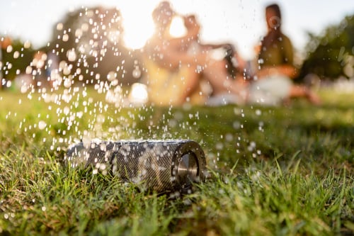 Preview: wireless waterproof speaker of friends having fun together in park listening to music