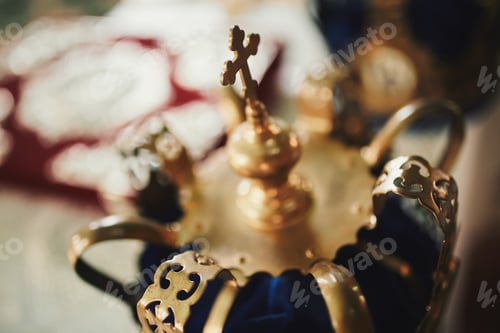 Preview: Wedding crowns. Wedding crown in church ready for marriage ceremony. close up. Divine Liturgy.